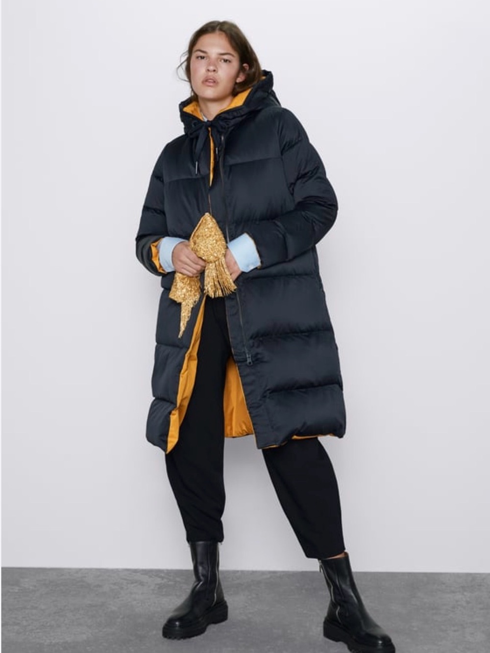 Zara Reversible Navy Yellow University of Michigan Puffer Coat Down Size S NWT